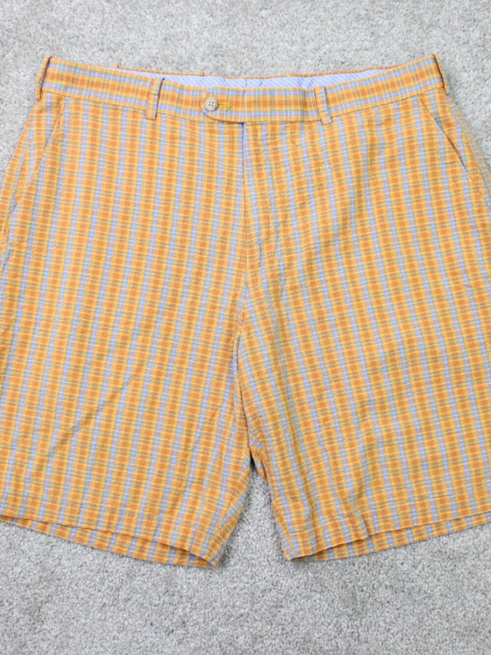 Peter Millar Chino Shorts Mens 36 Orange Check 9" Seersucker Flat Front Stretch